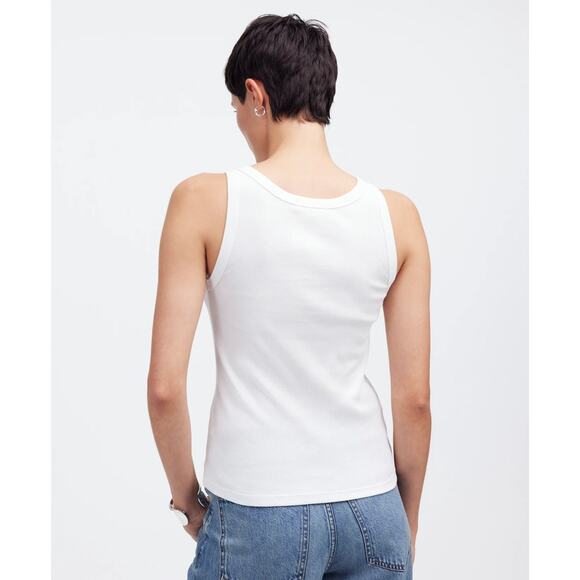 Madewell Regenerative Cotton Essential High-Neck Tank SZ M White Ribbed Stretchy - Picture 2 of 8